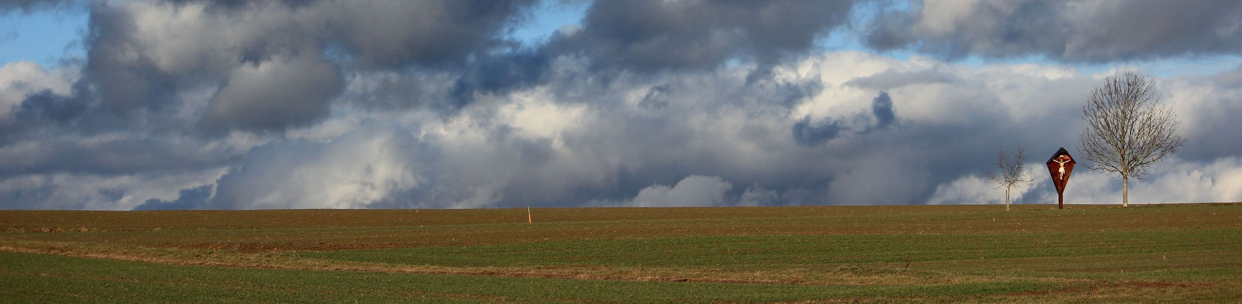 Weites Feld mit dunklen Wolken und Wegkreuz neben kahlen Bäumen