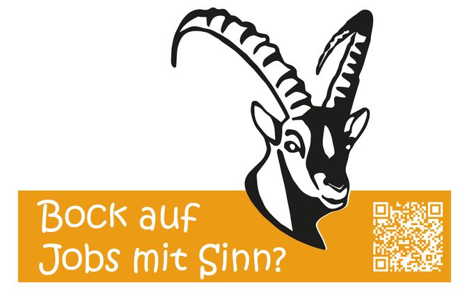 Stilisierter Steinbockkopf neben orangeem Feld mit Schrift Bock auf Jobs mit Sinn
