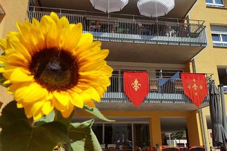 Sonnenblume im Vordergrund vor gelbem Wohnhaus mit Balkonen und roten Wimpeln